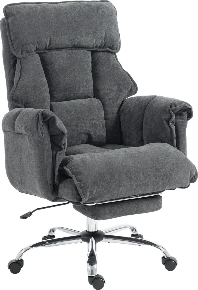 HOMCOM Fotel biurowy regulowany obrotowy z podparciem lędźwiowym, podnóżkiem, flanelą śnieżną, 80 x 80 x 106-114 cm, ciemnoszary | Aosom PL