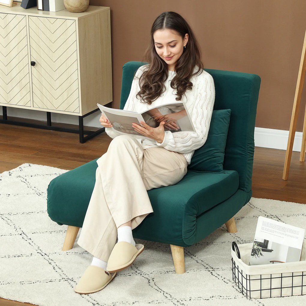 HOMCOM Rozkładany fotel z funkcją spania składany relaksacyjny aksamitny regulowane oparcie do 120 kg ciemnozielony | Aosom PL