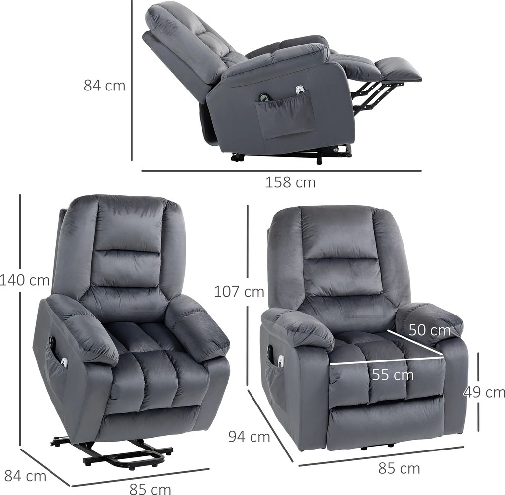 HOMCOM Fotel masażowy dla seniorów z funkcją wstawania 8 punktów masażu szary z bocznymi kieszeniami | Aosom PL