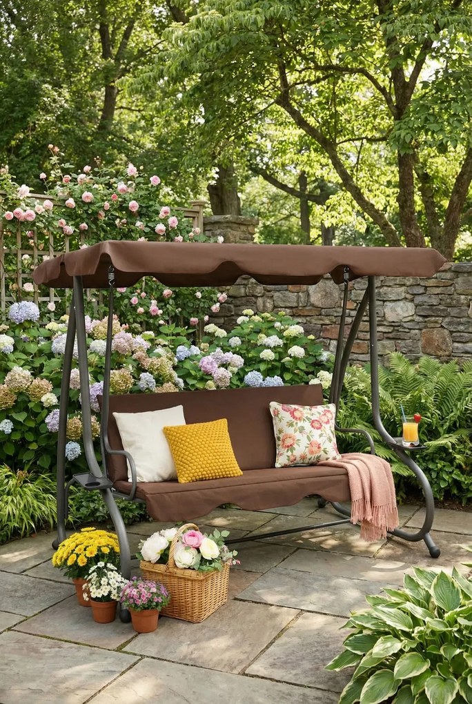 Brązowa huśtawka ogrodowa z baldachimem - Isamin 4X