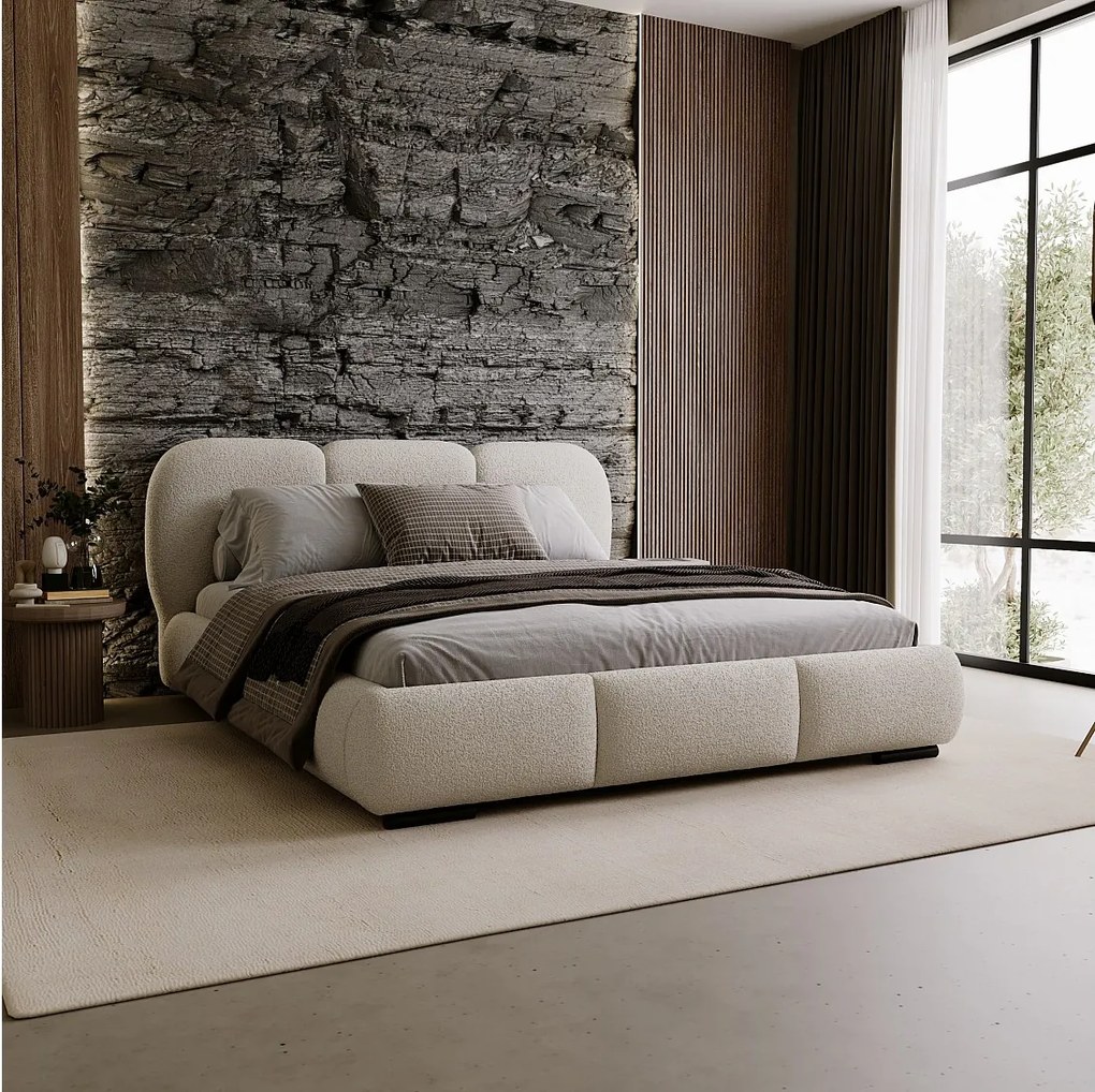 BESILIO Łóżko z pojemnikiem i stelażem 180x200 Holi- łóżko podwójne tapicerowane, tkanina boucle, baranek - Beżowy