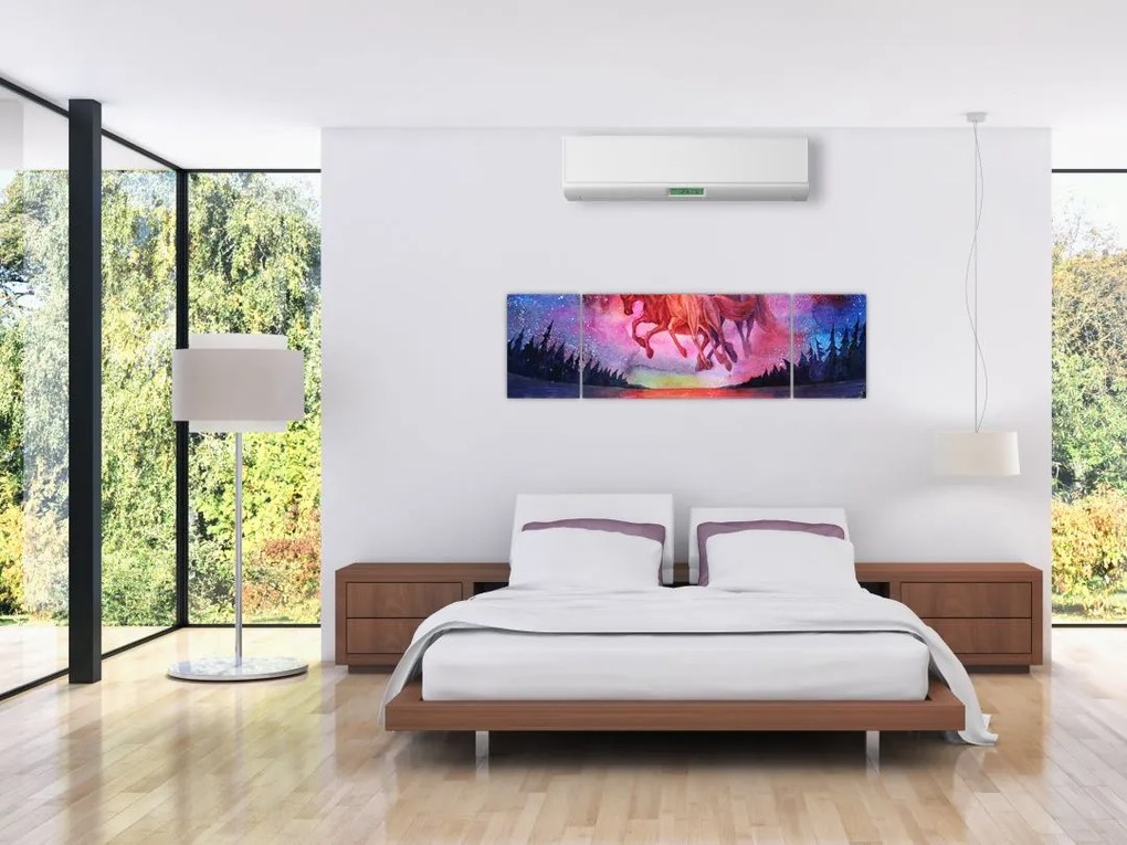 Obraz - Pojawienie się kosmicznych koni nad jeziorem, akwarela (170x50 cm)