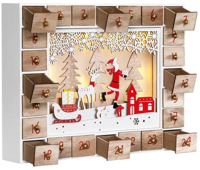 Drewniany kalendarz adwentowy ŚWIĘTY MIKOŁAJ z oświetleniem, 35x6x27cm, biała/brązowa Spielwerk