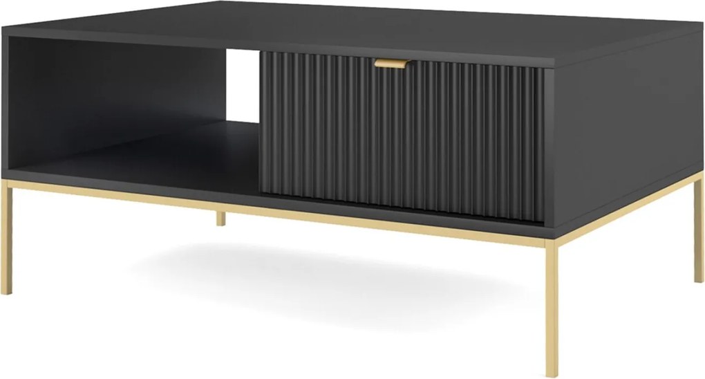 Stolik Kawowy Elegancki DomoHome NOVA – Z akcentem złotym, nowoczesna szuflada MDF, złote metalowe nogi, minimalistyczny design, Czarny, 104x104x46cm