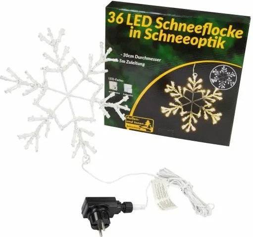 Świąteczna LED dekoracja - płatek śniegu, 30 cm, ciepła biel