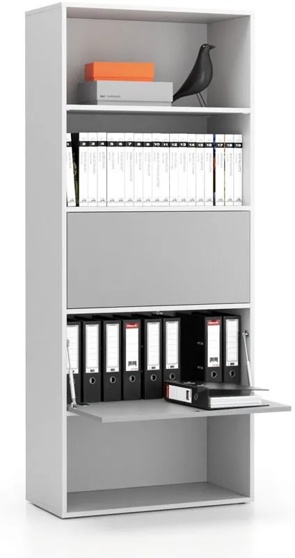 Regał biurowy wysoki LAYERS, 2 schowki, 800 x 400 x 1905, biały / szary