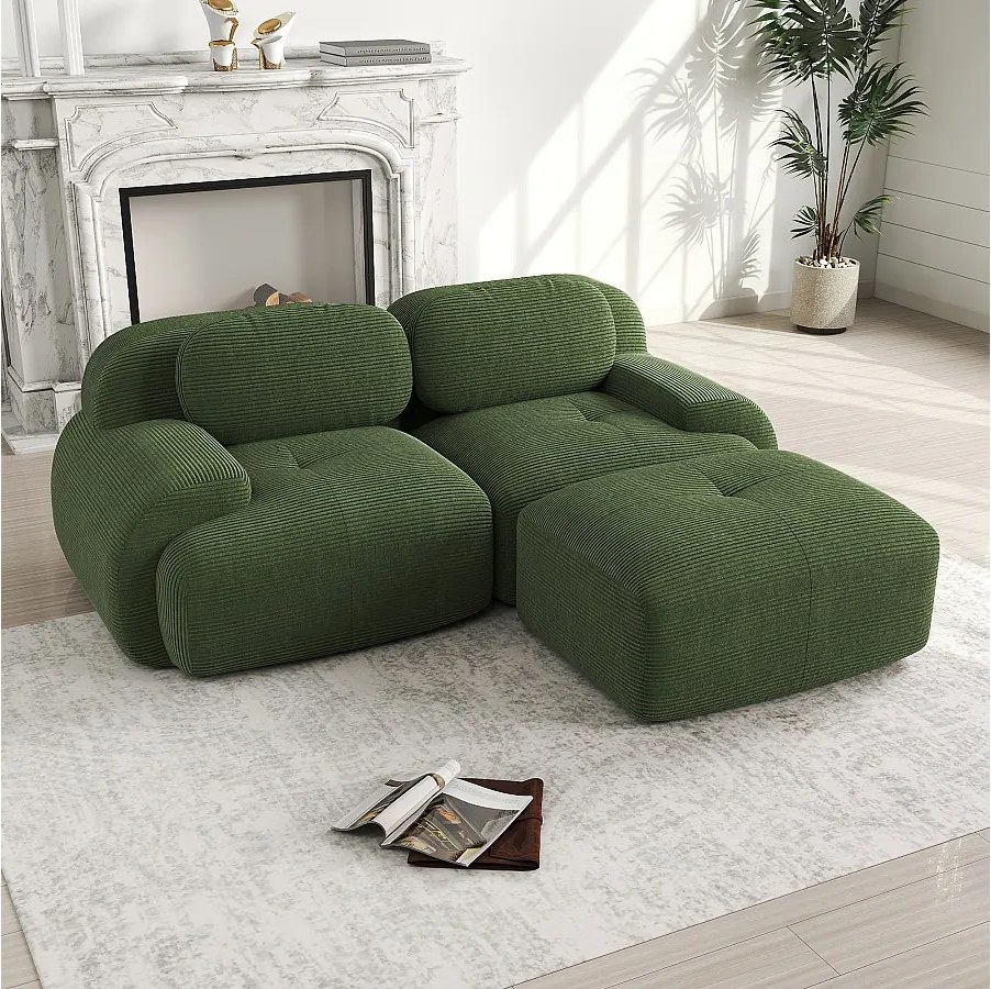 Narożnik z zaokrąglonymi podłokietnikami - sofa 2-osobowa z oparciem i ozdobnymi poduszkami - zielony sztruks