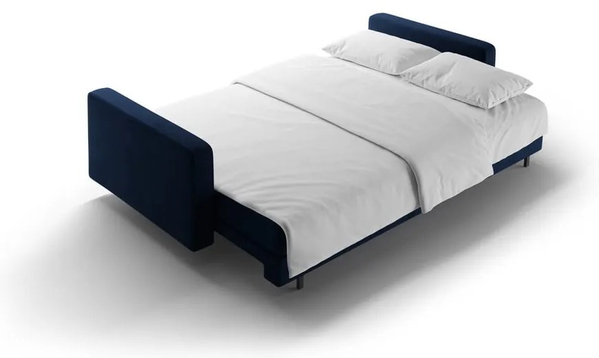 Ciemnoniebieska aksamitna rozkładana sofa ze schowkiem 222 cm Bali – Cosmopolitan Design