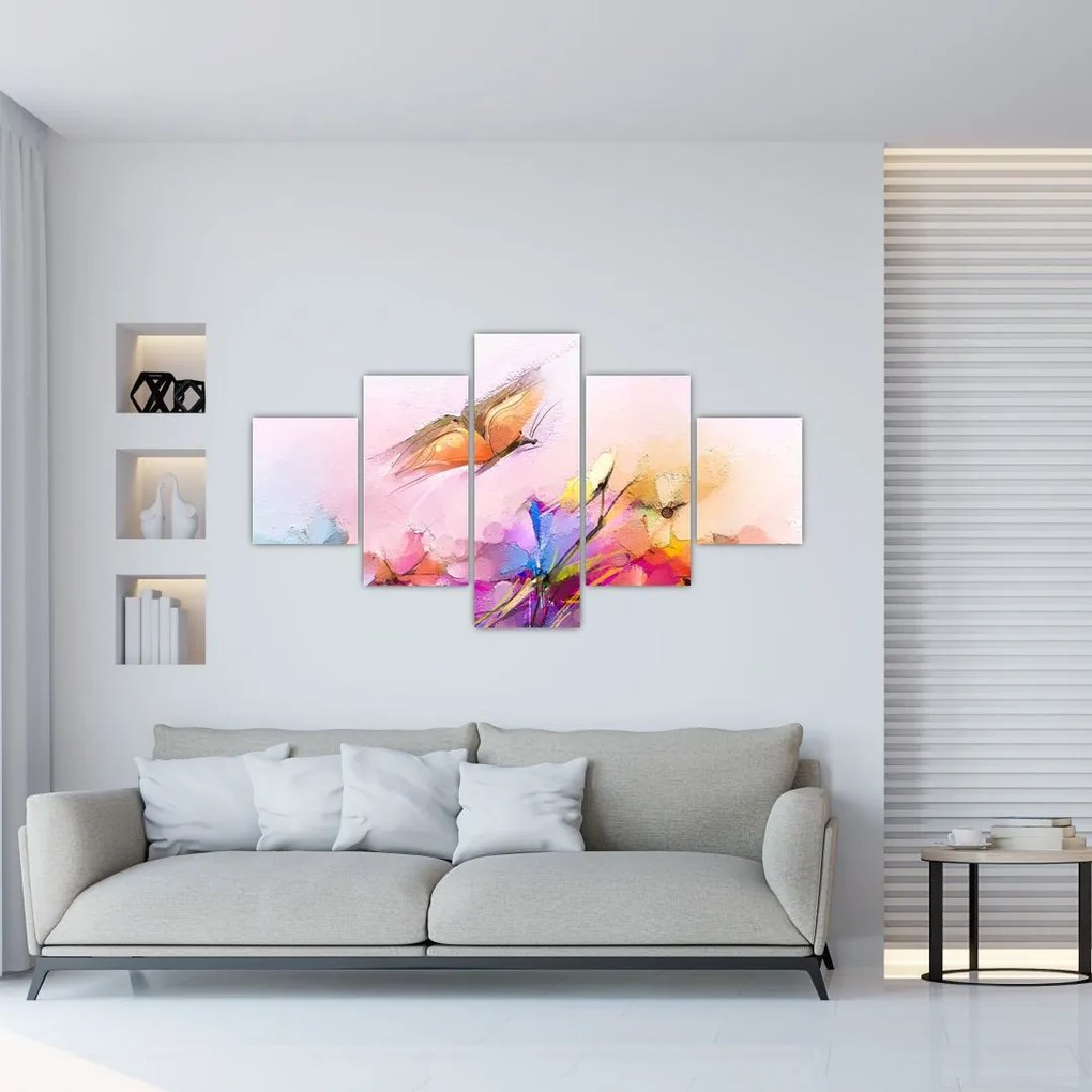 Obraz - Motyl nad kwiatem, abstrakcja (125x70 cm)