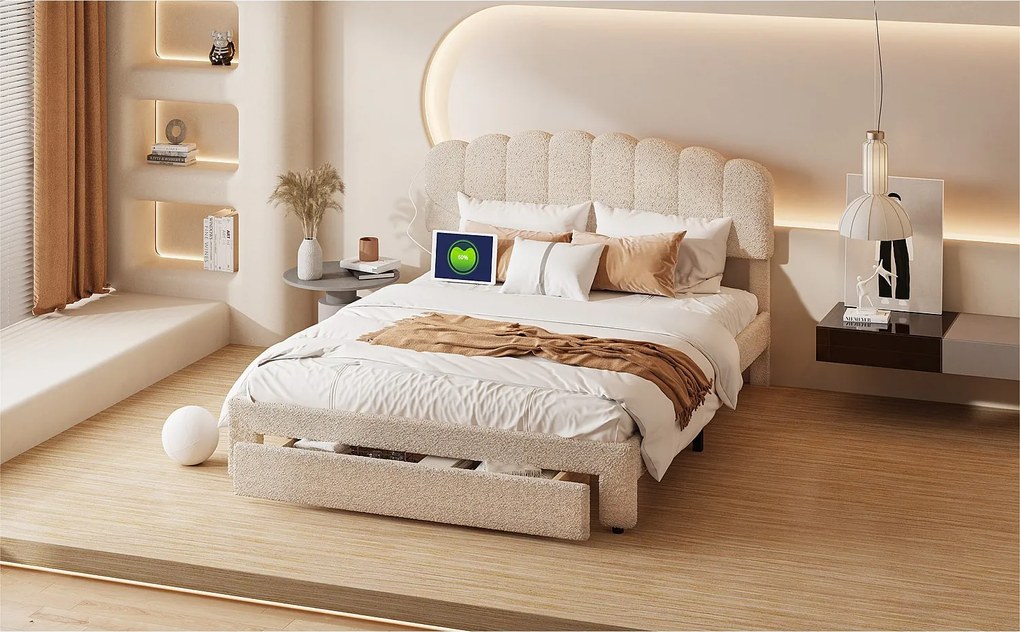 Łóżko dla Dorosłych 140x200cm Beżowy Welur z Szufladami do Przechowywania, Portami USB i Metalowym Stelażem z Listwami