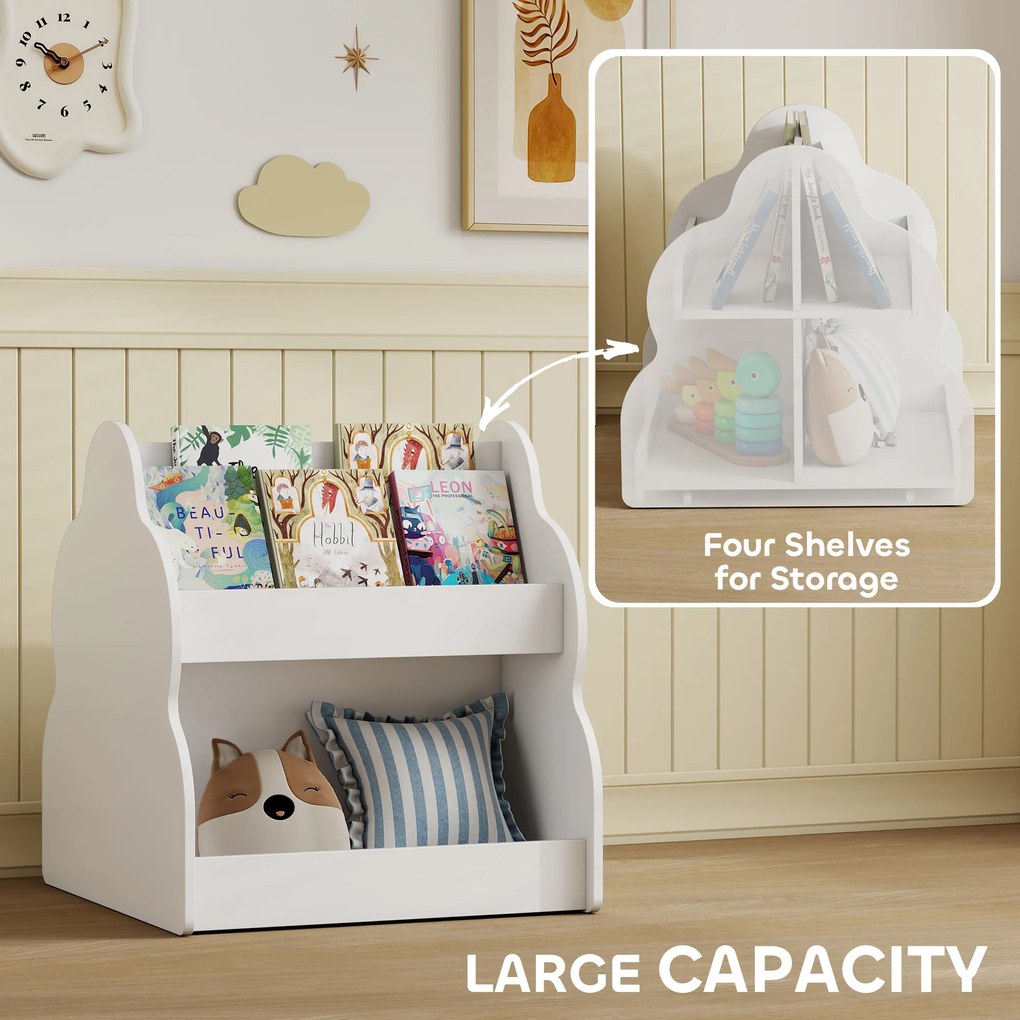 AIYAPLAY Regał dziecięcy, dwupoziomowy regał na książki dla dzieci z kółkami, 4 półki, do pokoju dziecięcego, pokoju zabaw, 54x50x56 cm, Biały