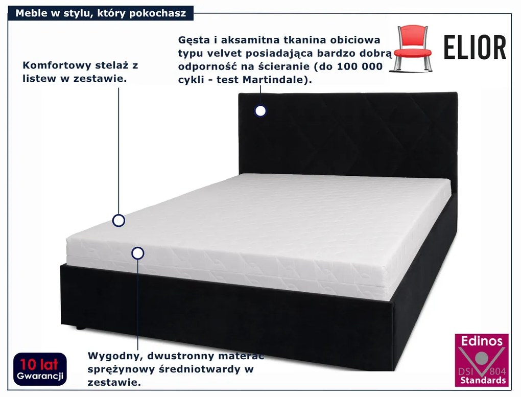 Czarne łóżko tapicerowane z pikowanym zagłówkiem 160x200 C2-P39