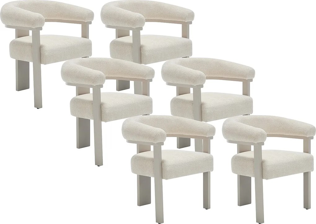 Zestaw 6 krzeseł z podłokietnikami z tkaniny teksturowanej i drewna kauczukowca  w kolorze beżowym - Kremowy - LIVELIA marki Pascal MORABITO