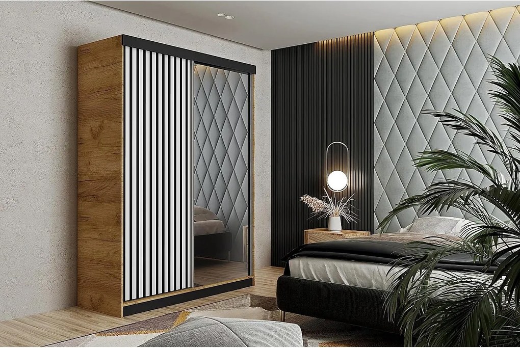 Szafa przesuwna z lustrem lamele MALANI 138 dąb craft złoty + biały