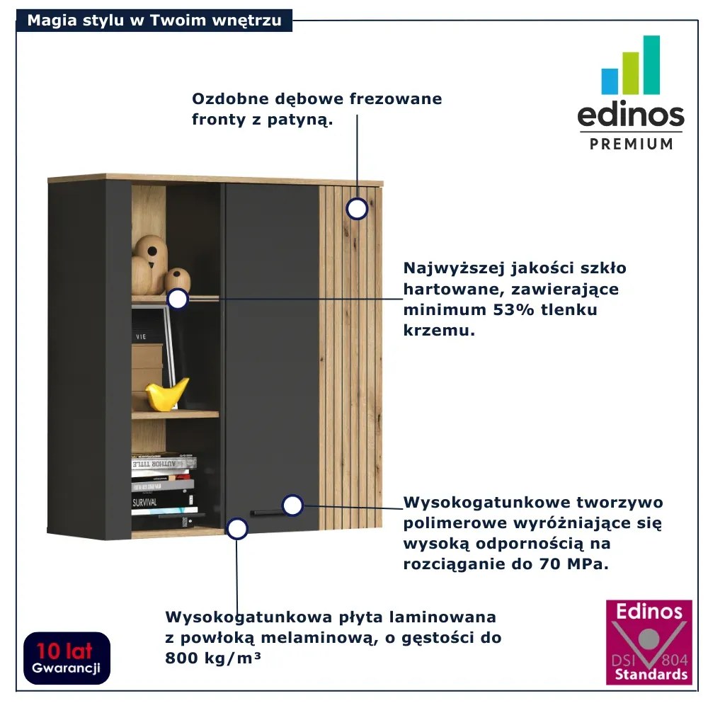 Witryna wisząca do salonu z lamelami grafit + dąb evok E2-G51