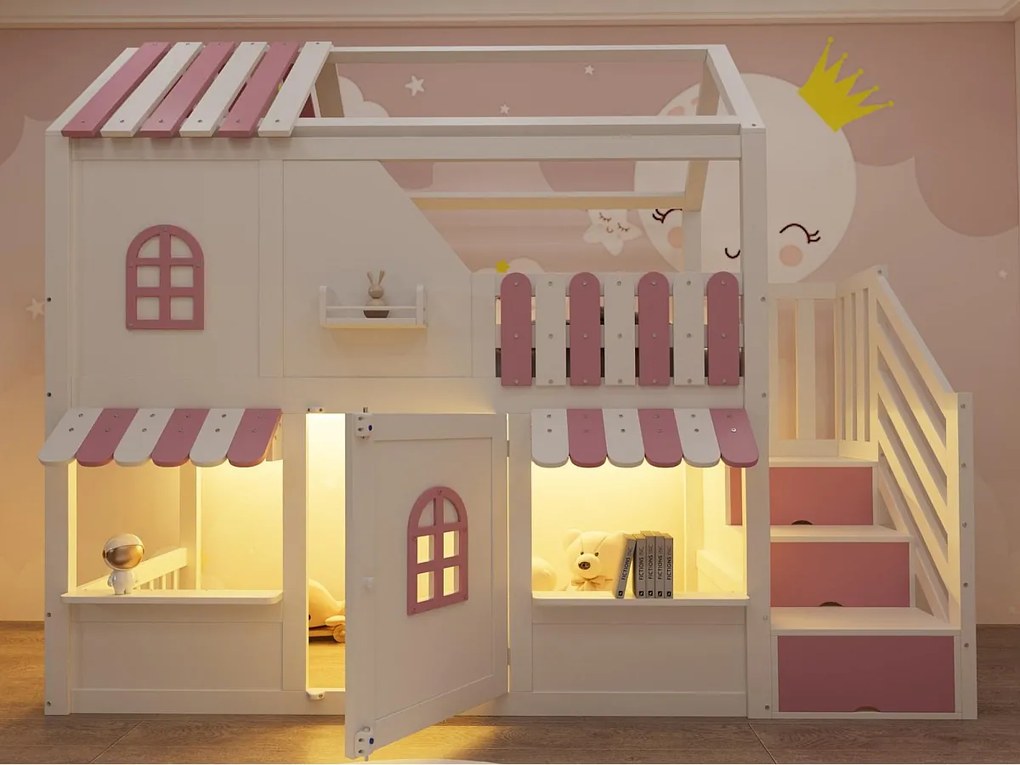 Łóżko na antresoli dla dzieci 90 x 200 cm - z drabiną z pojemnikami - z oświetleniem LED - z 1 drzwiami - biały + różowy​ (materac nie jest wliczony w cenę)