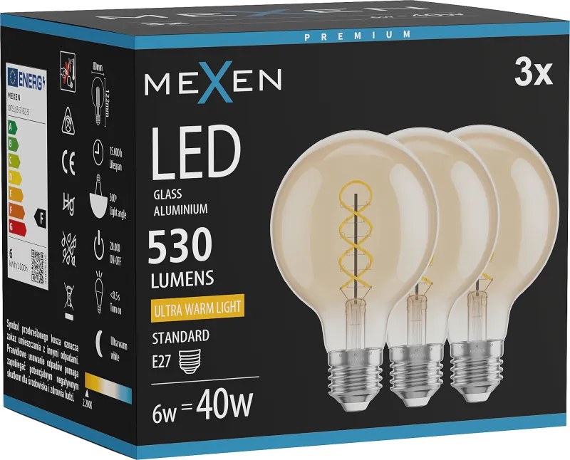 Mexen Vintis 3x żarówka filament spirala LED E27, G80, 6W, Ciepła - 2200K, 530 lm, amber - L165-E27-0622-50x03