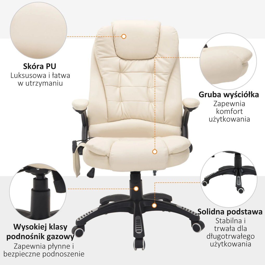 HOMCOM Krzesło biurowe ergonomiczne Masażu fotel biurowy fotel obrotowy z funkcją ogrzewania Beżowy | Aosom PL
