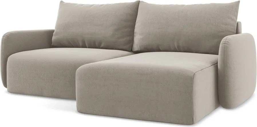 Szarobrązowy aksamitny rozkładany narożnik ze schowkiem (prawostronny/z szezlongiem) Kalena – Makamii