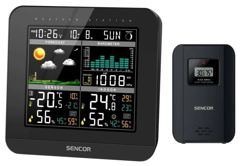 Sencor - Stacja meteorologiczna z kolorowym wyświetlaczem LCD i budzikiem 3xAAA + 2x AA czarny