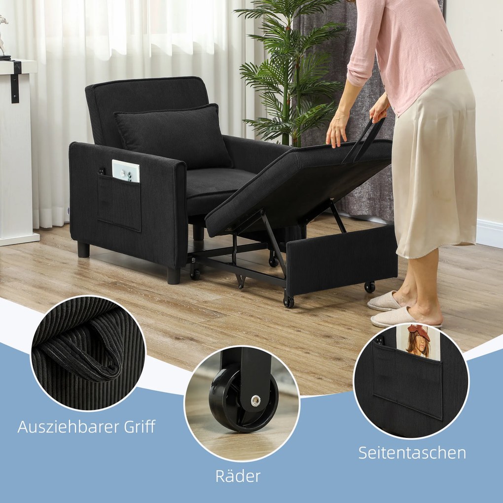 HOMCOM Rozkładany fotel, regulowany, 3 pozycje, Pokrycie z sztruksu, do 120 kg, Czarny