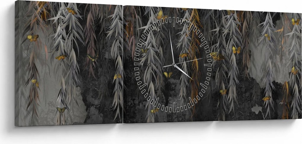 Obraz - Gałązki wierzby na czarnym tle (z zegarem) (90x30 cm)