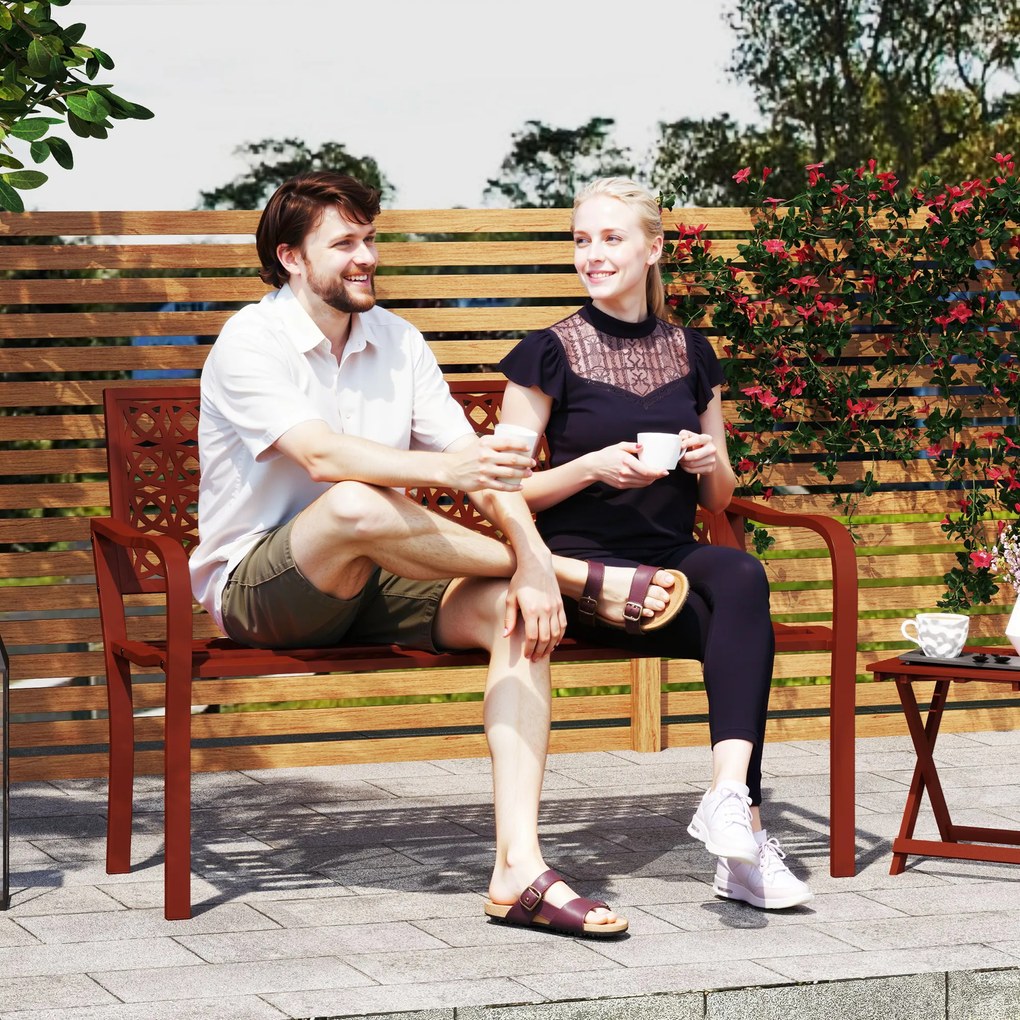 Outsunny Ławka zewnętrzna, ogrodowa z Stali, Wycinane Oparcie, Podłokietniki, dla 2 Osób, Czerwona