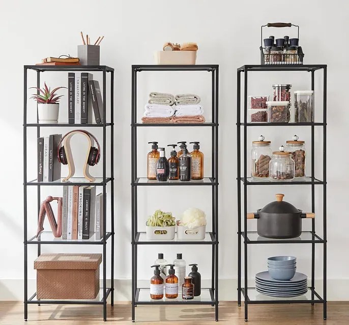Czarny metalowy szklany regał z 5 półkami w stylu loft - Linas 3X