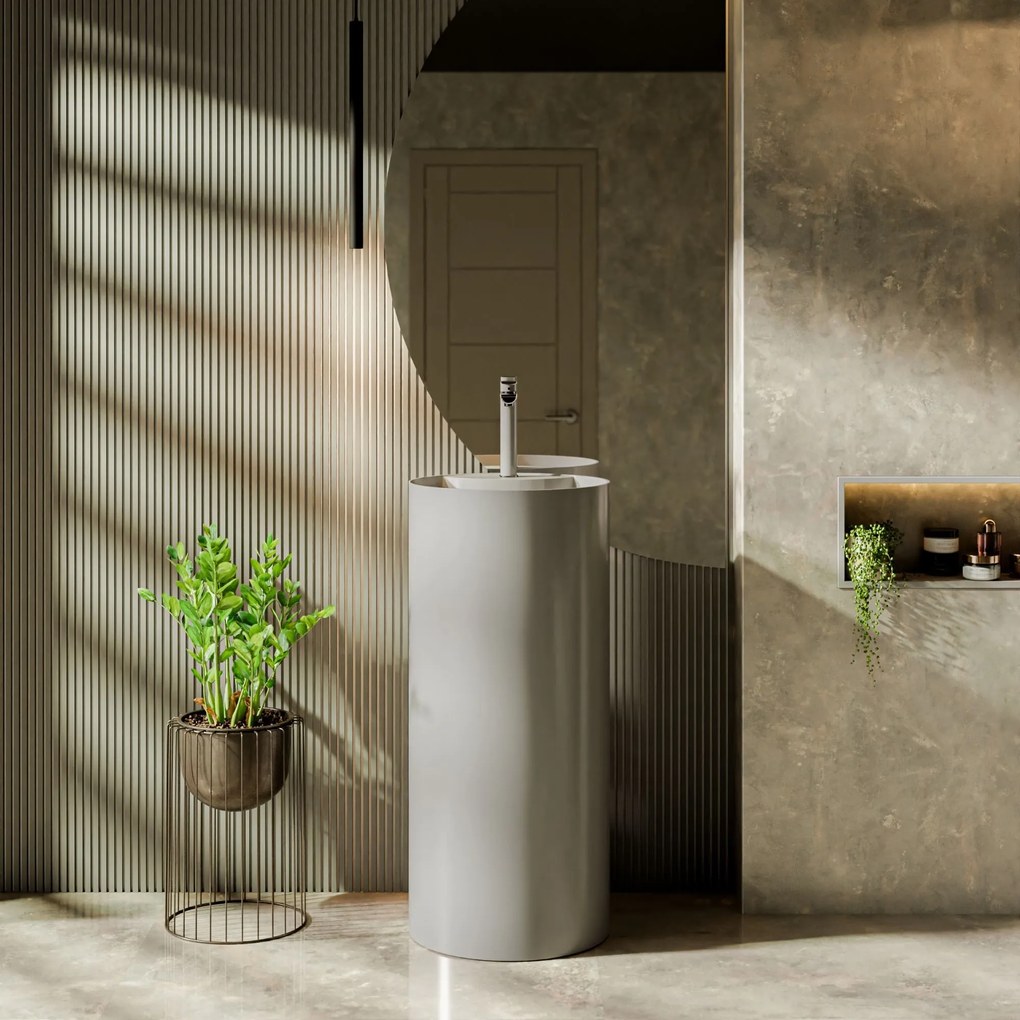 Umywalka z konglomeratu wolnostojąca okrągła szara błyszcząca 87 x 44 cm KALMI GREY GLOW z otworem na baterie : Podłączenie syfonu - Do podłogi