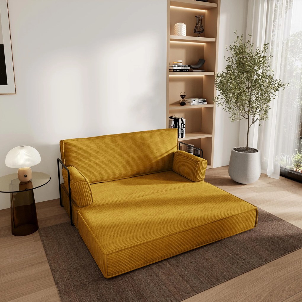 Masseno Sofa piankowa LADIA z funkcją spania, Kanapa z pianki do salonu, Bezmontażowa, Tkanina sztruksowa – Żółty POSO 01