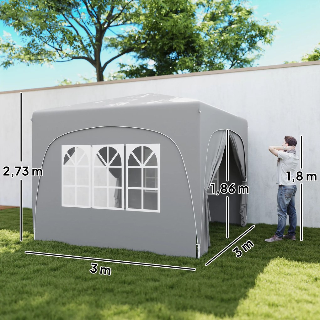 Outsunny Pawilon 3 x 3 m, Pop-Up Namiot Ogrodowy ze Ścianami Bocznymi i Torbą, UPF50+, Regulowana Wysokość, Jasnoszary