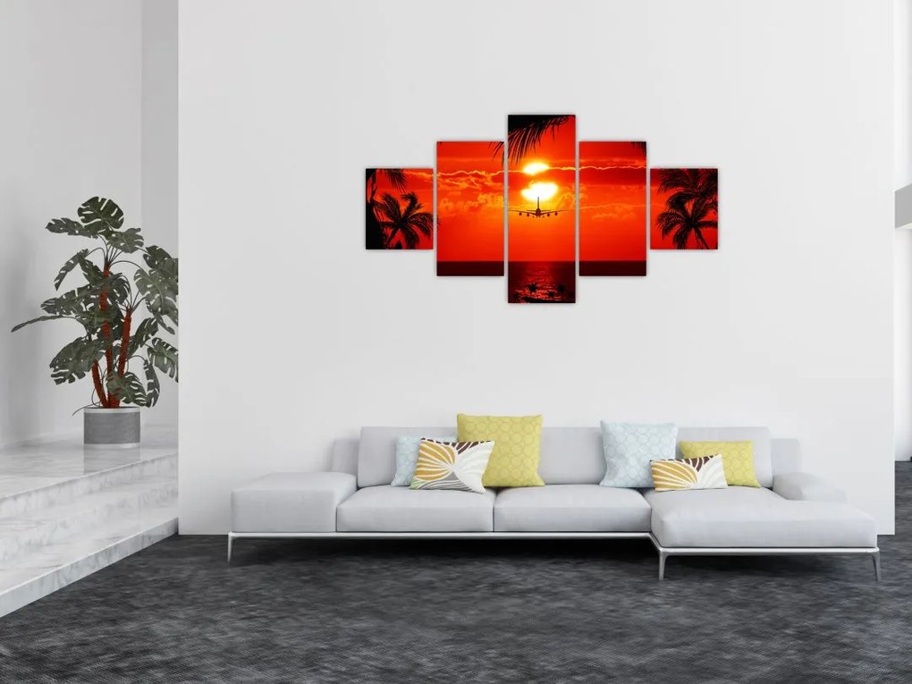 Obraz - zachód słońca z samolotem (125x70 cm)