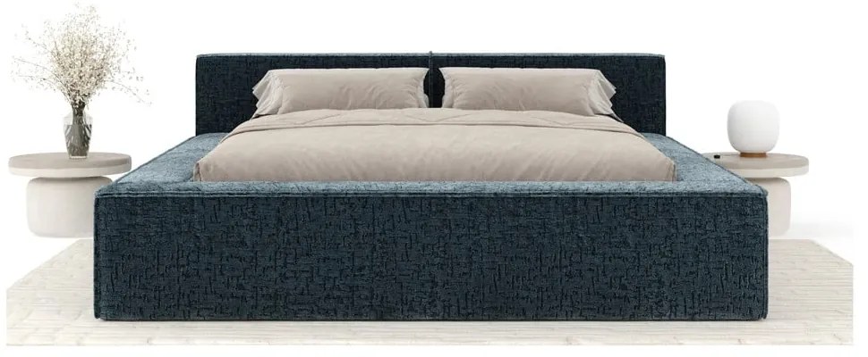 Szaroniebieskie tapicerowane łóżko dwuosobowe ze schowkiem i stelażem 160x200 cm Voliera – Maison de Rêve