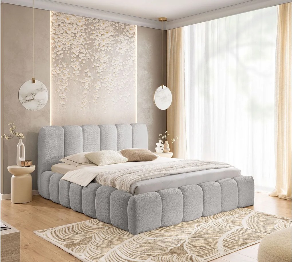 FURNISTAR Łóżko tapicerowane MIA z pojemnikiem 16x200|Bubble|Dwuosobowe|Stelaż listwowy|Wygląd łóżka boxspring|bez materaca-Szary