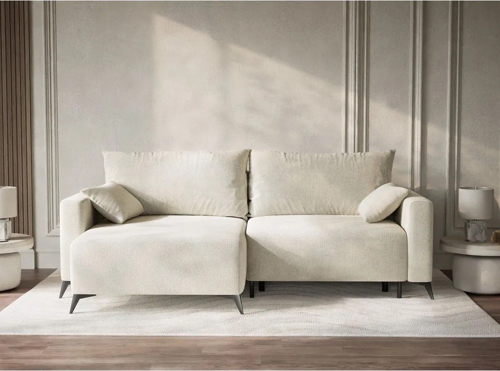 Kremowy rozkładany narożnik ze schowkiem z tkaniny szenilowej (lewostronny/z szezlongiem) Leon – Maison de Rêve