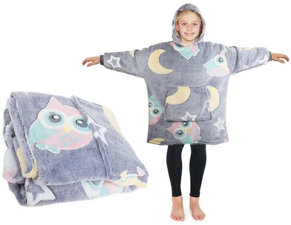 Dziecięca świecąca bluza kocowa z rękawami i kapturem SHINING OWL szara