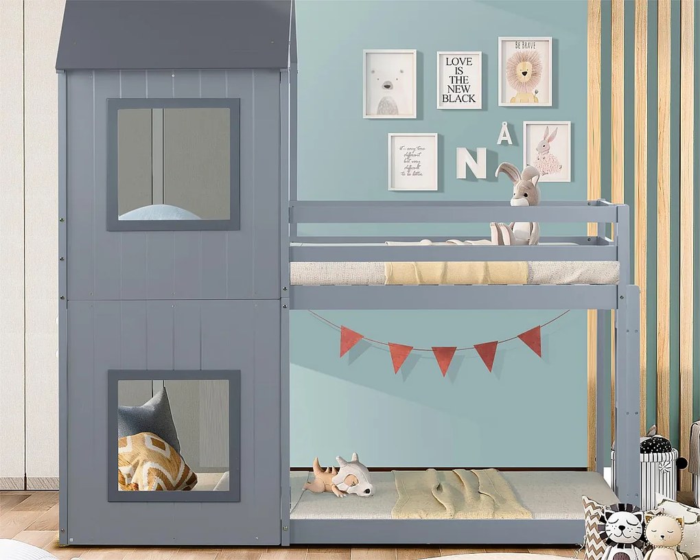 Łóżko piętrowe dla dzieci 2-osobowe, 90 x 200 cm, z litego drewna, ze stelażem listwowym, styl nowoczesny, kolor szary