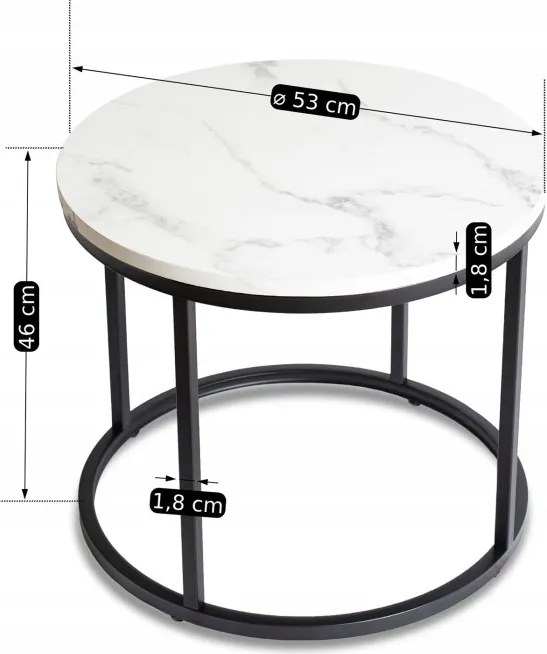 Stolik Kawowy CONNY 53 cm Biały Marmur/Czarny Nowoczesny Glamour