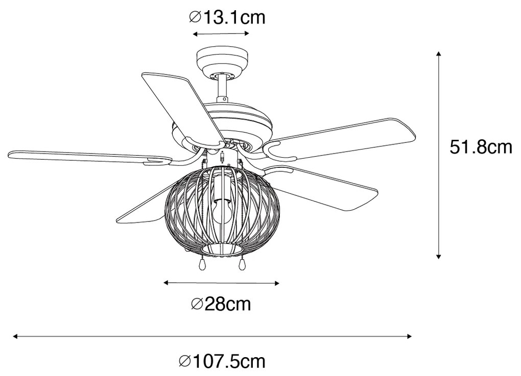 Czarny Wentylator sufitowy z lampą z drewnianym nadrukiem 107,5 cm z przełącznikiem łańcuszkowym - Mistral JohannaPrzemysłowy Oswietlenie wewnetrzne