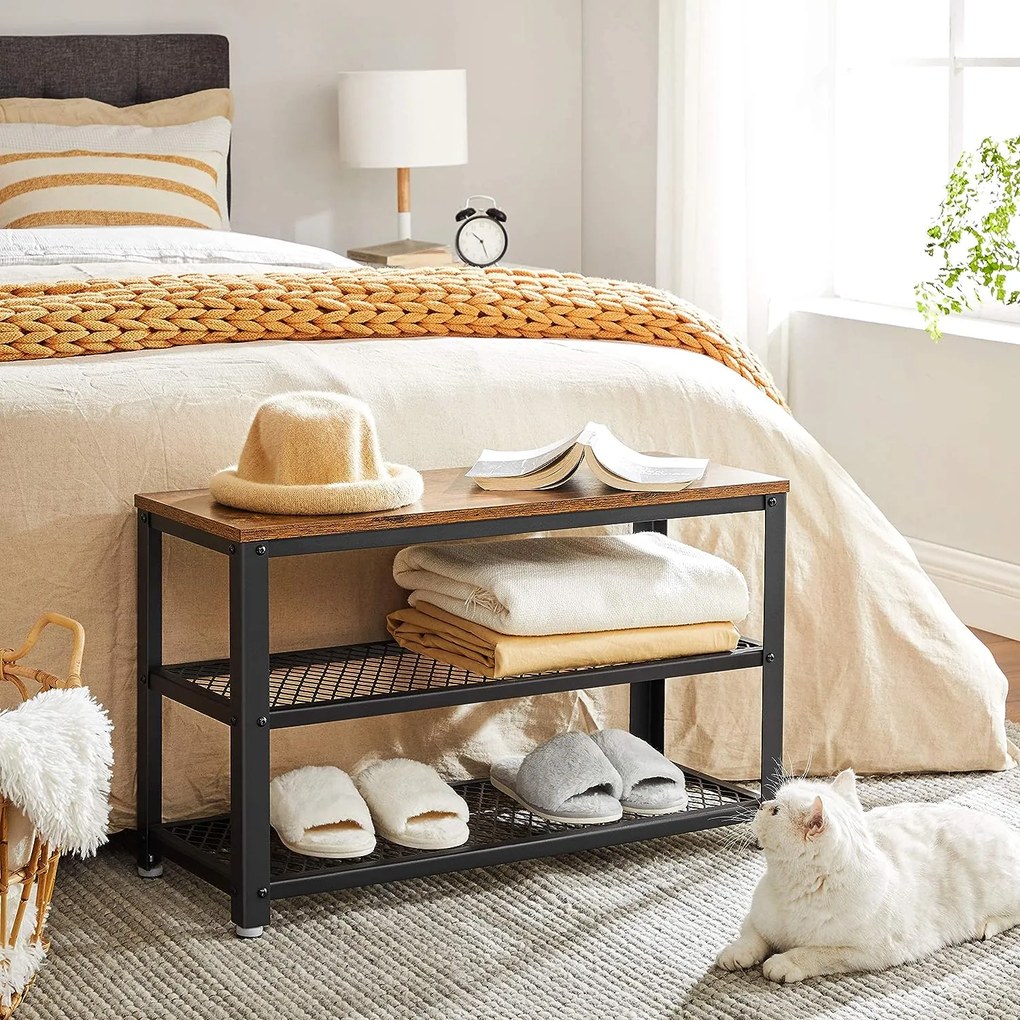 Ławka do przedpokoju z miejscem na buty INDY, 73x30x45cm, brązowa/czarna Vasagle