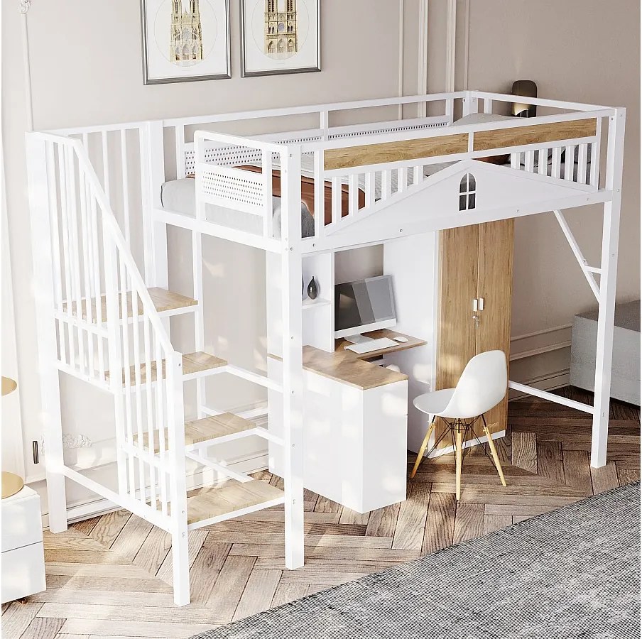 Łóżko piętrowe metalowe dla dzieci - 90 x 200 cm - rama bezpieczeństwa z okienkiem - metal + drewno - białe