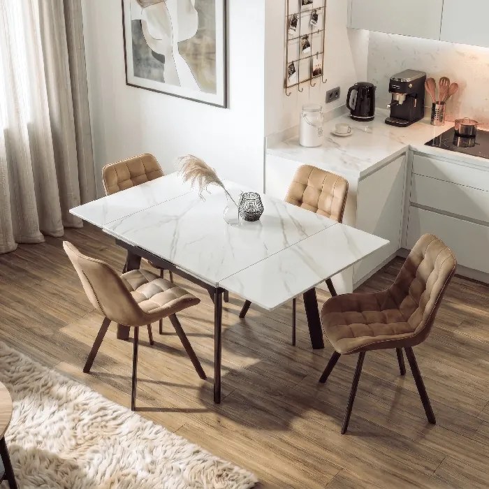 Stół Rozkładany Kwadratowy LARES 90-150 cm Ceramiczny Biały Marmur/Czarny Nowoczesny