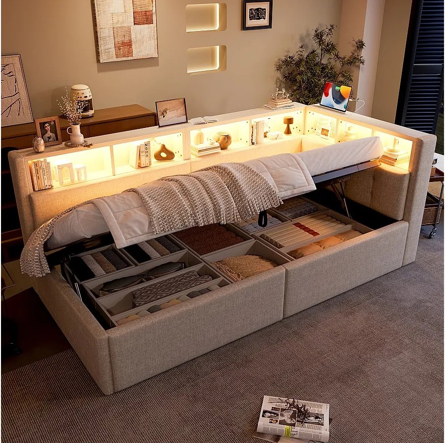 Sofa dziecięca rozkładana - 90 x 200 cm - z USB + Type-C + schowek hydrauliczny + półka + diody LED - len - beż