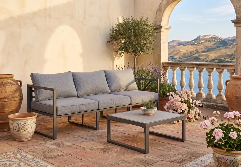 Zestaw mebli wypoczynkowych ( 3 - osobowa sofa + stolik) MOSTRARE szare aluminium, szare poduchy