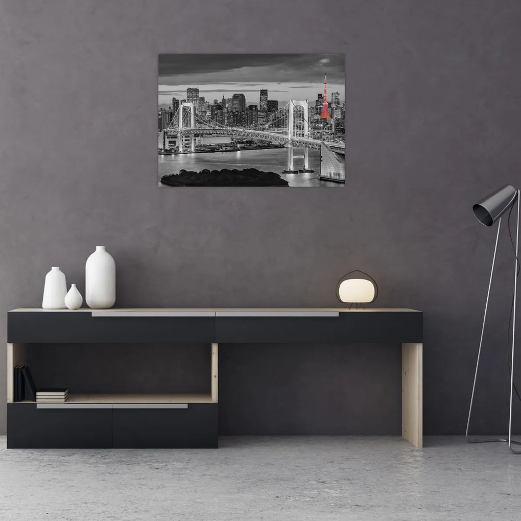 Obraz - Duże miasto z czerwoną wieżą (70x50 cm)