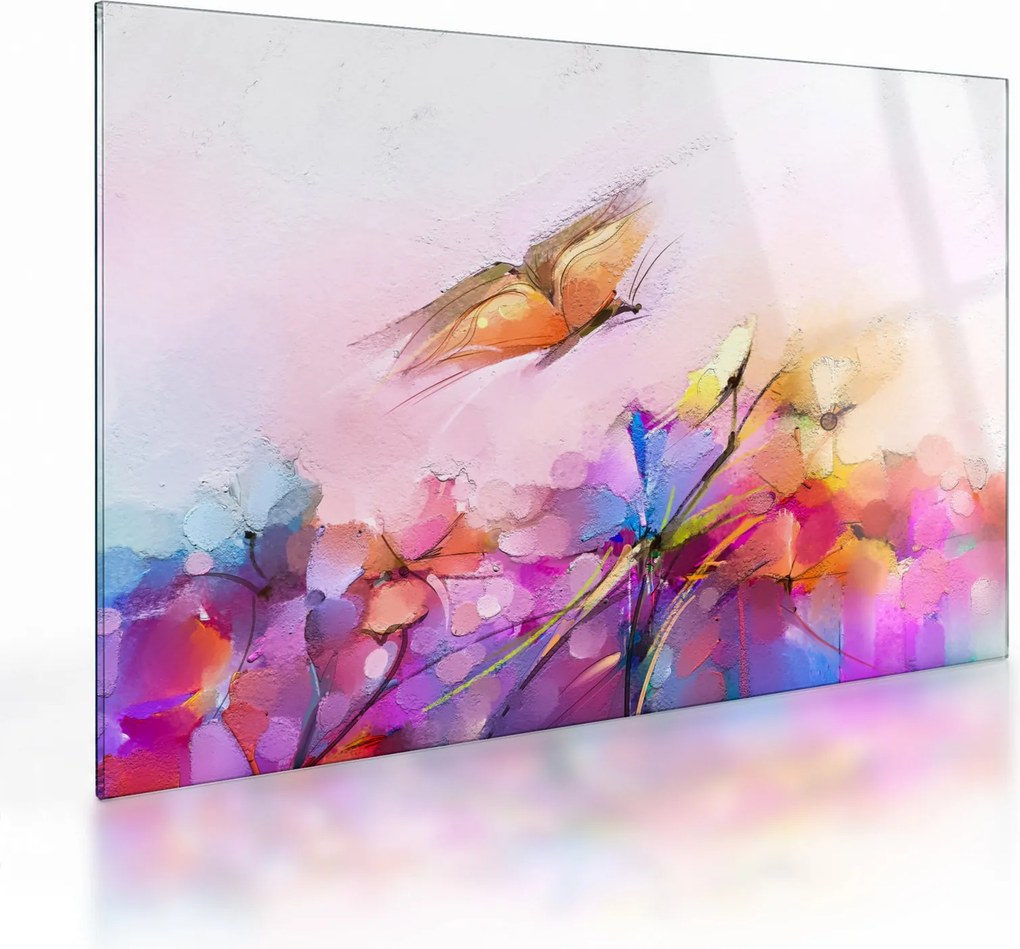 Obraz na szkle - Motyl nad kwiatem, abstrakcja (70x50 cm)