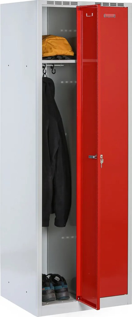 Metalowa szafka ubraniowa S8 na cokole, 2-drzwiowa, 1800 x 600 x 500 mm, zamek obrotowy, drzwi czerwone