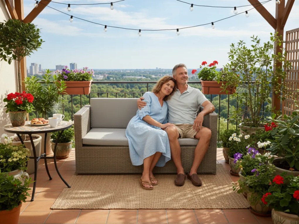 Mała sofa balkonowa z szarego technorattanu