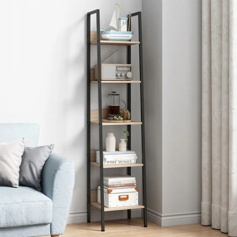 Industrialny wysoki regał stojący jasny brąz 5 półek drabinka na książki