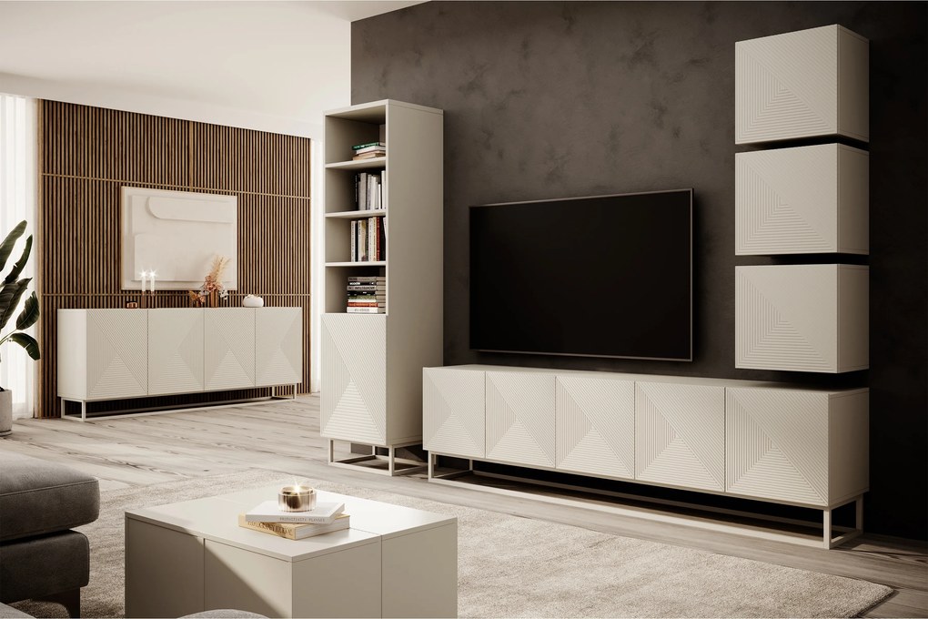 Szafka RTV Asha 200 cm z ryflowanym frontem i kaszmirowym stelażem - kaszmir